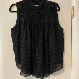 FRAME silk chiffon top with shirred top. Black with polka dots size M